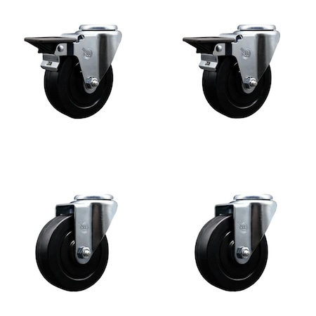 Service Caster 4'' Soft Rubber Wheel Swivel Bolt Hole Caster Set with 2 Posi Lock Brakes, 4PK SCC-BH20S414-SRS-PLB-2-S-2